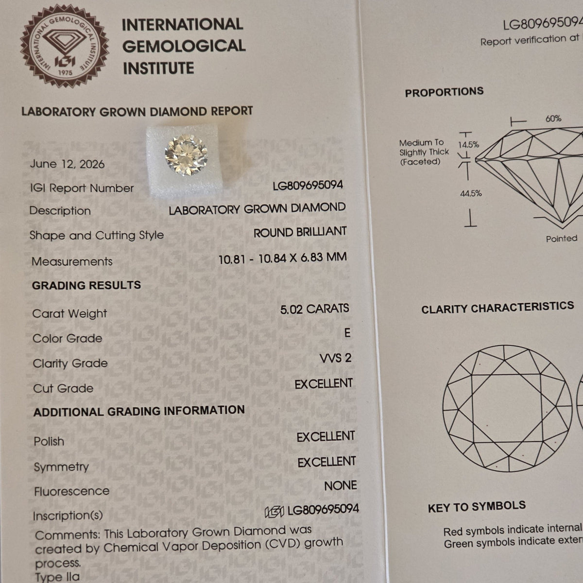 Ekstraordinær lab-diamant på hele 5,02ct, Farge E, Klarhet VVS2 og Triple Excellent