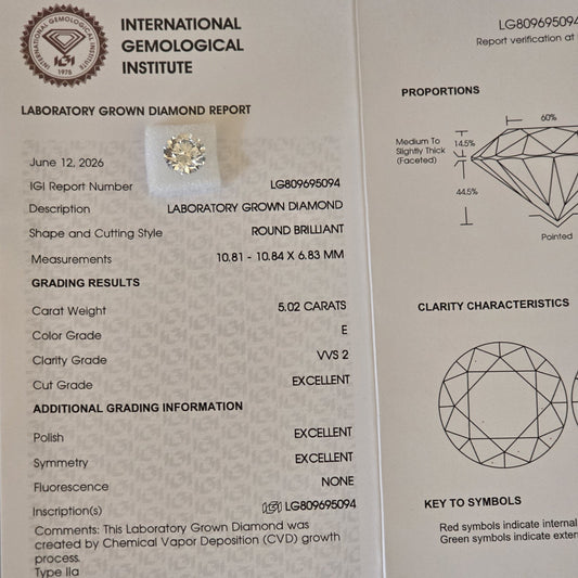 Ekstraordinær lab-diamant på hele 5,02ct, Farge E, Klarhet VVS2 og Triple Excellent