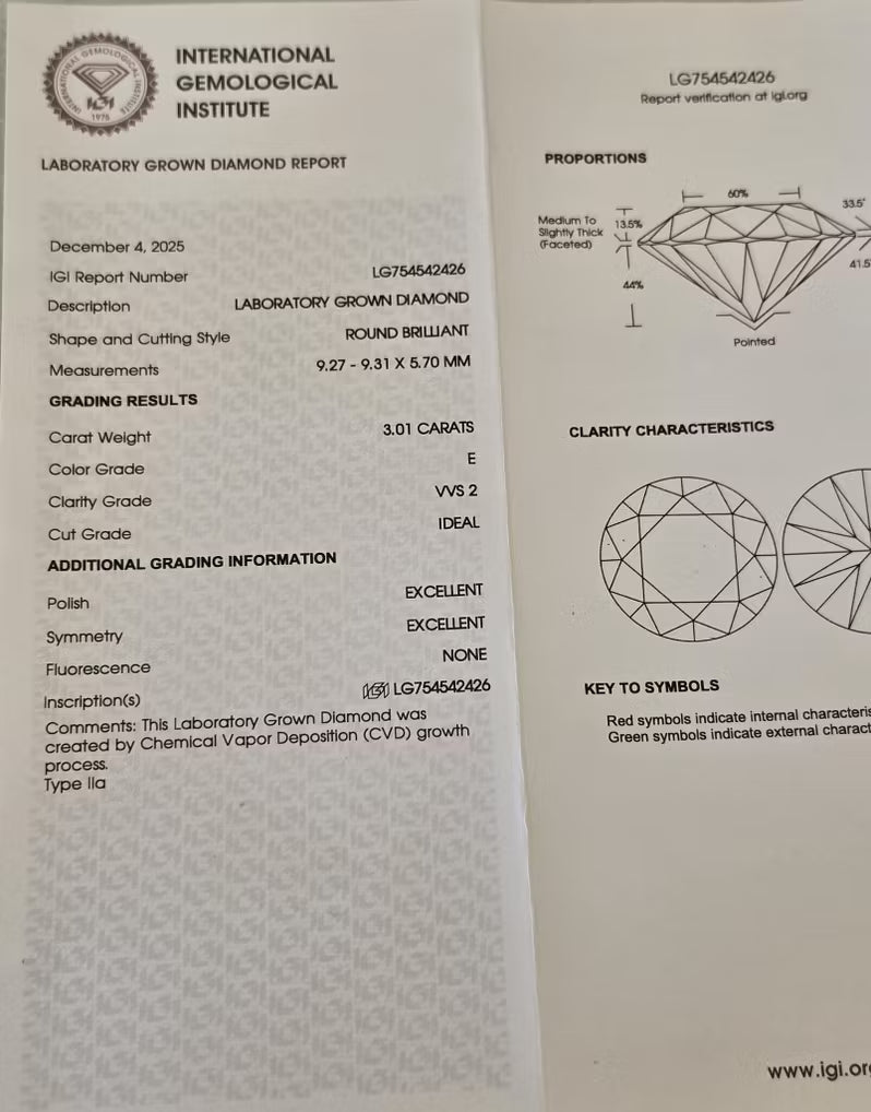Diamantring på 3,01 carat og 18 karat hvitt gull i str. 53,5